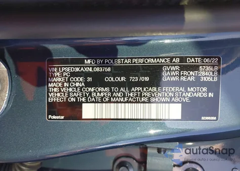 2022 Polestar 2 Long Range Dual Motor z USA, uszkodzony, nr VIN LPSED3KAXNL083758